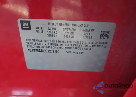 2016 Chevrolet Cruze Lt Auto from USA, damaged, VIN 1G1BE5SM8G7277190